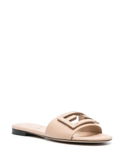 Shop Fendi Baguette Leather Slide Sandals In Tan