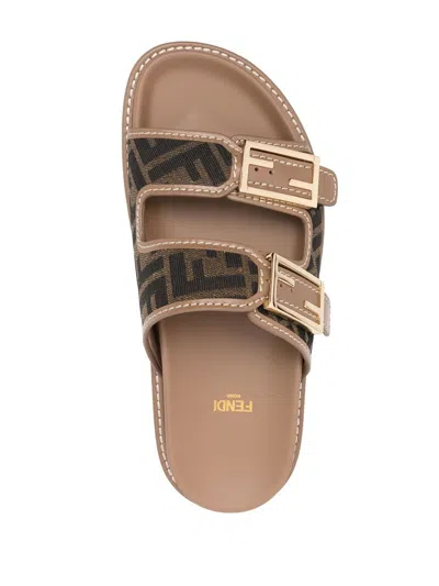 Shop Fendi Double-strap Logo-print Leather Sandals For Women In Brown