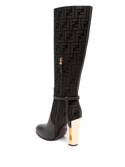 Shop Fendi Brown Faux Leather Monogram Knee-high Boots For Women