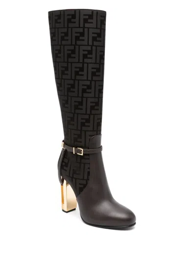 Shop Fendi Brown Faux Leather Monogram Knee-high Boots For Women