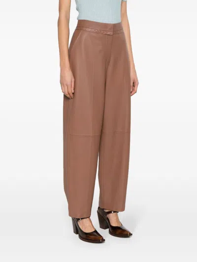 Shop Fendi Designer Women's Leather Trousers In Tan Brown For Ss24