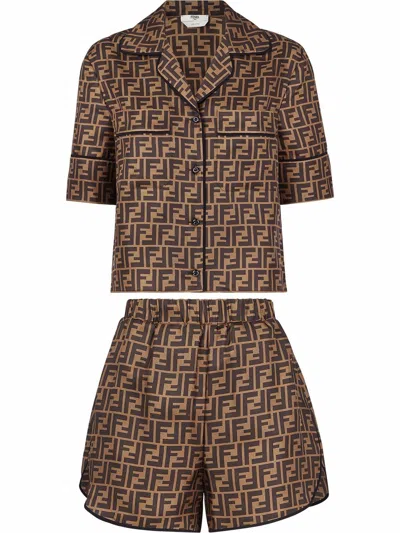 Shop Fendi Ff Silk Pajama Set In Brown