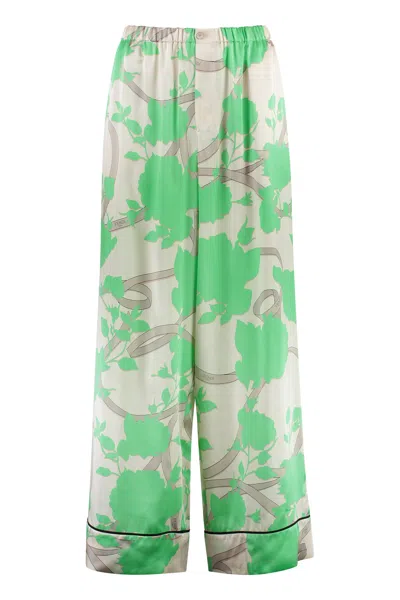 Shop Fendi Floral Print Silk Trousers With Contrast Piping In Tan