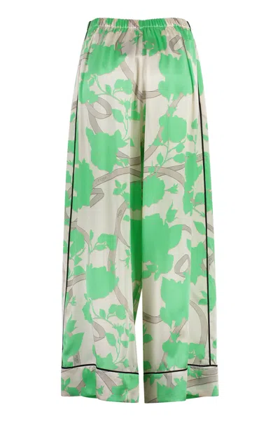 Shop Fendi Floral Print Silk Trousers With Contrast Piping In Tan