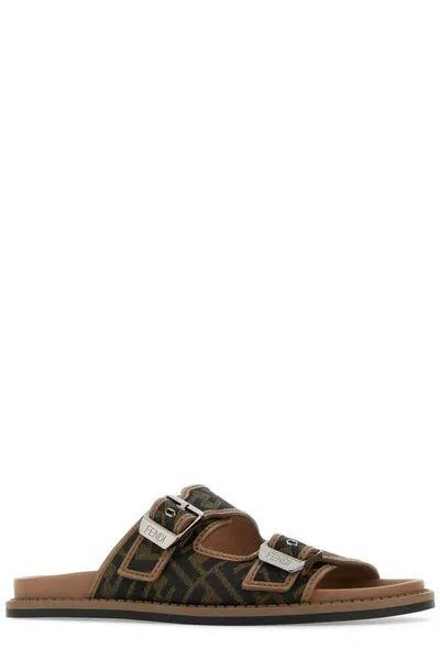 Shop Fendi Men's Uk Size Ff Jacquard Fabric Sandals In Black And Tobacco In Beige