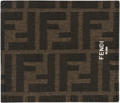 Shop Fendi Men's Bi-fold Wallet In Tan Ff Fabric And Black Leather Interior In Beige