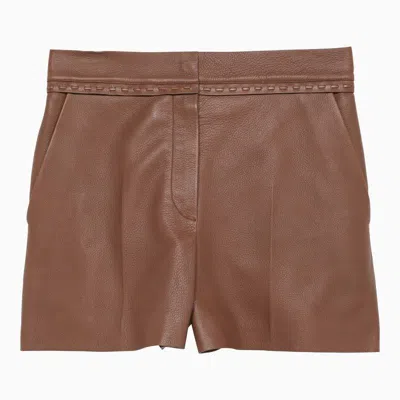 Shop Fendi Selleria Stitching Leather Shorts In Brown