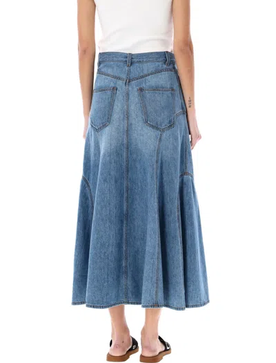 Shop Chloé Floral Embroidered Flared Denim Midi Skirt In Blue For Women By