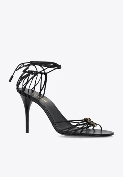 Shop Saint Laurent Babylone 90 Laced Leather Sandals In Black