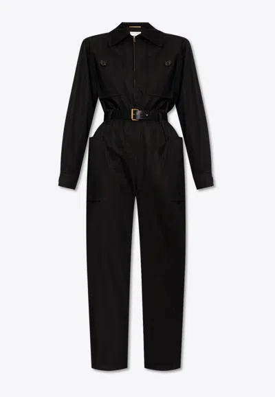 Shop Saint Laurent Belted Long-sleeved Jumpsuit In Black