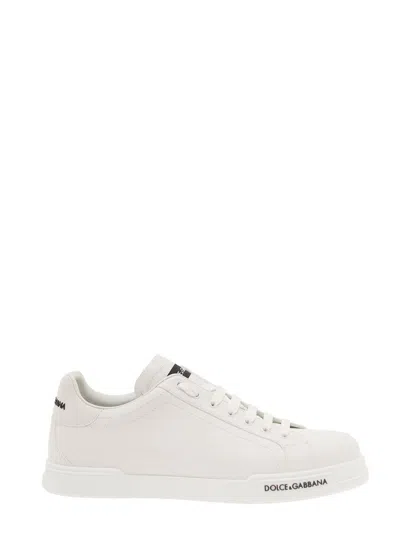 Shop Dolce & Gabbana 'portofino' White Low Top Sneakers With Contrasting Logo Detail In Leather Man