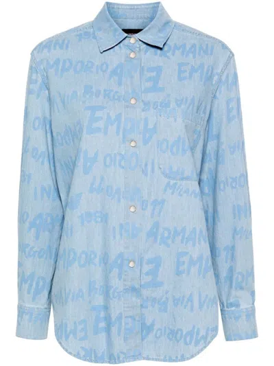 Shop Emporio Armani Allover Logo Denim Shirt In Clear Blue