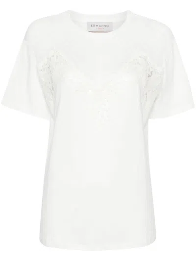 Shop Ermanno Firenze Lace-trim Crewneck T-shirt In White