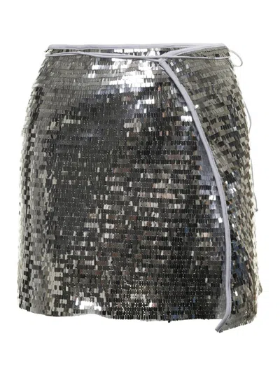 Shop Oseree Silver Wrap Mini Skirt In Techno Fabric Woman In Grey