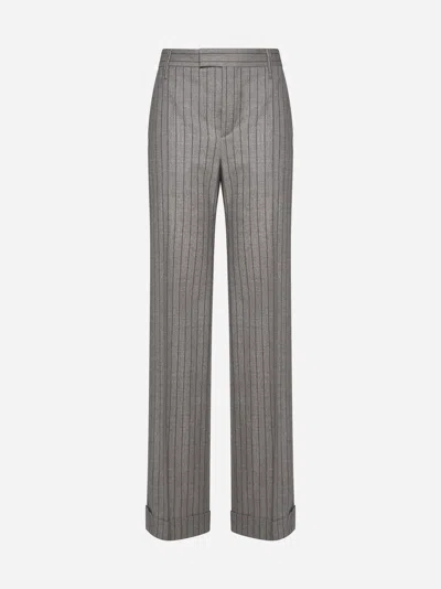 Shop Brunello Cucinelli Pinstriped Wool Trousers In Grey,brown