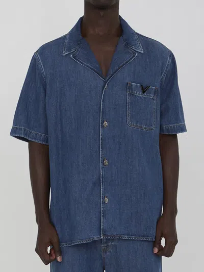 Shop Valentino Shirt With Metallic V Detail In Blue