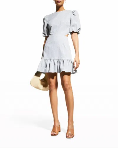 Veronica Beard Iker Puff-sleeve Dress With Cutouts In Blue/off White Stripe In Multi