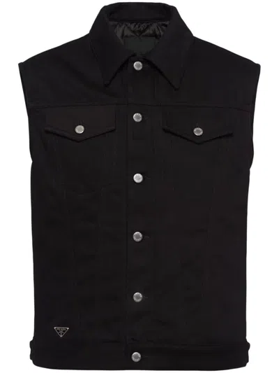 Shop Prada Bull Button-up Denim Gilet In Black