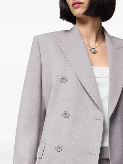 Versace Double-breasted Chambray Blazer In Grey
