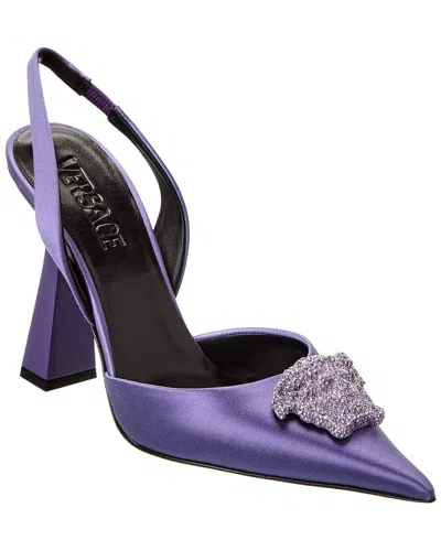 Versace 80 Crystal Embellished Medusa Slingback Pumps In Satin In Purple