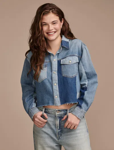 Shop Lucky Brand Women's Denim Patchwork Button Down Shirt In Multi