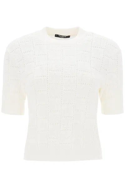 Shop Balmain Monogram Knit Short-sleeved Top With Stars For Women In White