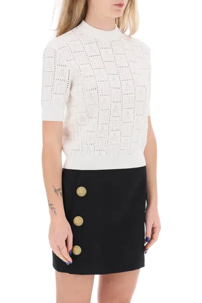 Shop Balmain Monogram Knit Short-sleeved Top In White For Women (ss24)
