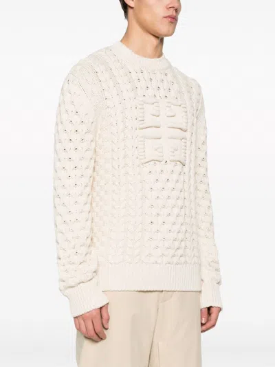 Shop Givenchy Ecru Chunky Cable Knit Sweater With Signature 4g Motif In Beige
