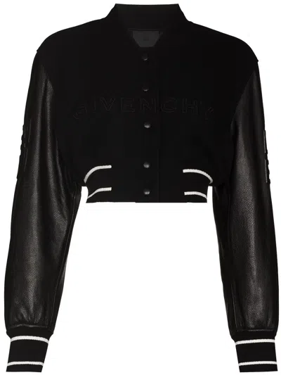 Shop Givenchy Black Wool And Leather Cropped Bomber Jacket For Women