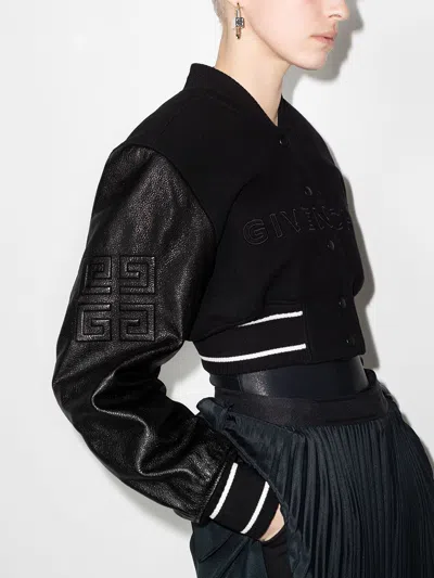 Shop Givenchy Black Wool And Leather Cropped Bomber Jacket For Women
