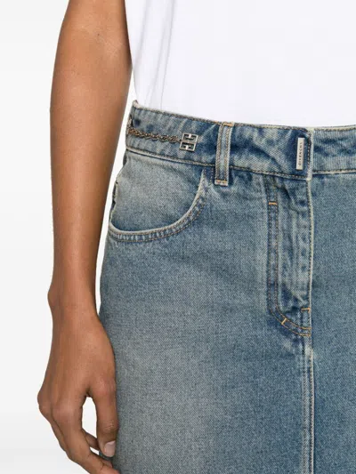 Shop Givenchy Cerulean Blue Cotton Denim Mini Skirt With Chain-link Detailing And Silver-tone Logo Plaque