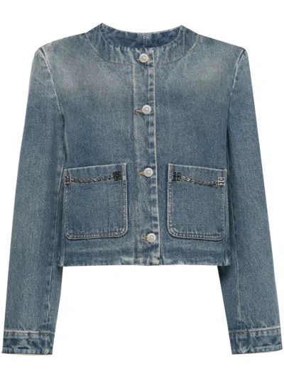 Shop Givenchy Indigo Blue Denim Jacket With Signature 4g Motif And Chain-link Detailing For Women