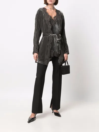 Shop Gold Hawk Dark Grey Velvet Lace-trim Long Duster Jacket For Women