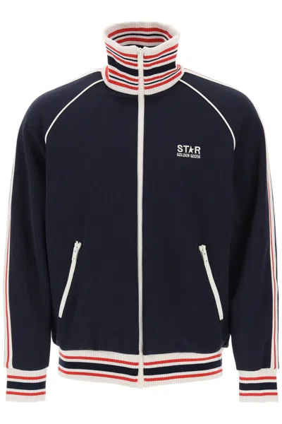 Shop Golden Goose Men's Track Sweatshirt With Striped Sleeves And Contrasting Piping In Blue
