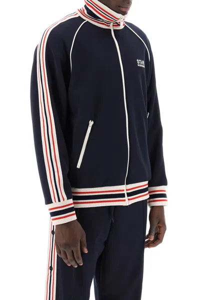 Shop Golden Goose Men's Track Sweatshirt With Striped Sleeves And Contrasting Piping In Blue