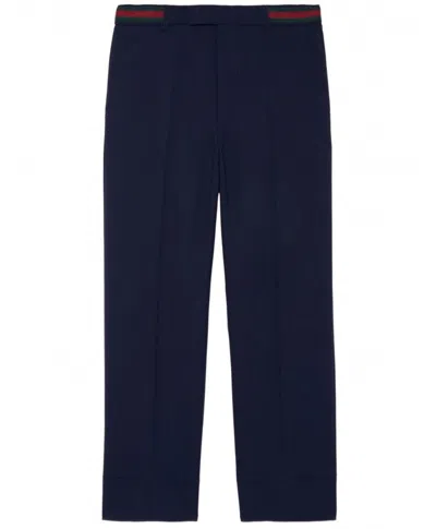 Shop Gucci Navy Blue Fluid Drill Trousers With Green And Red Web Elastic Detail For Men