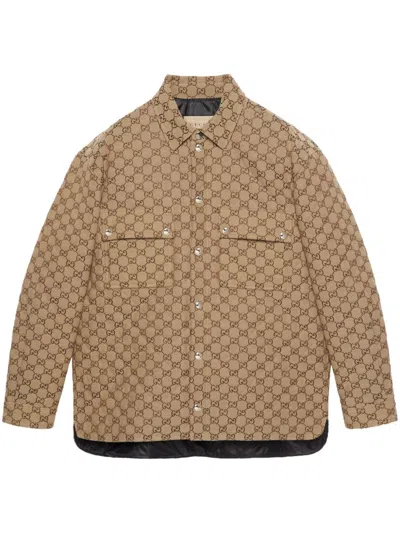 Shop Gucci Beige Gg Canvas Shirt Jacket For Women In Camel