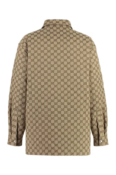 Shop Gucci Beige Gg Supreme Cotton Shirt Model Jacket For Women In Tan