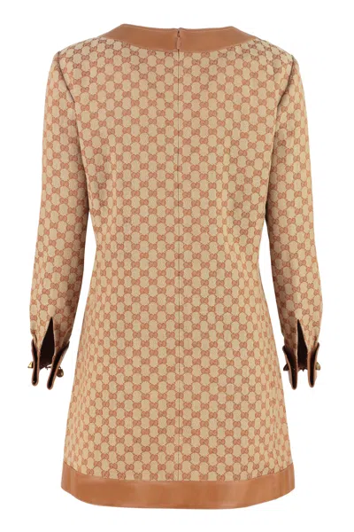 Shop Gucci Beige Jacquard Mini Dress With Leather Details In Tan
