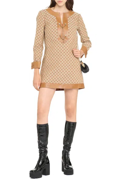Shop Gucci Beige Jacquard Mini Dress With Leather Details In Tan