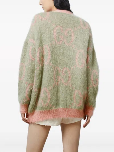 Shop Gucci Salmon Pink/green Reversible Wool Cardigan For Women