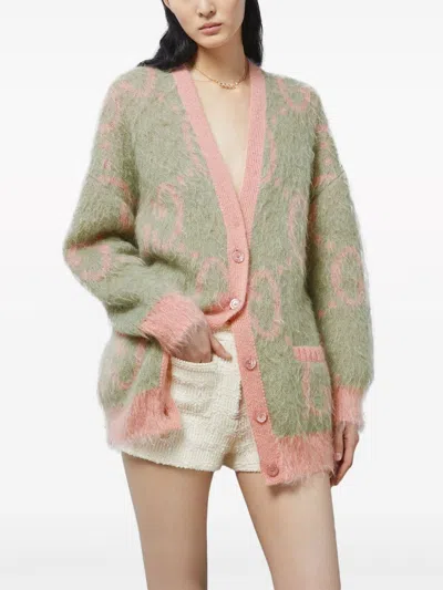 Shop Gucci Salmon Pink/green Reversible Wool Cardigan For Women