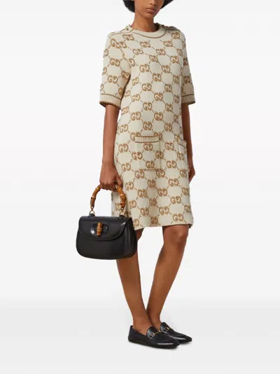 Shop Gucci Gg Bouclé Jacquard Wool Dress In Cream For Women