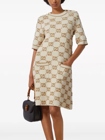 Shop Gucci Gg Bouclé Jacquard Wool Dress In Cream For Women