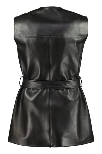 Shop Gucci Black Leather Long Vest With Gg Logo Buttons And Coordinated Waist Belt