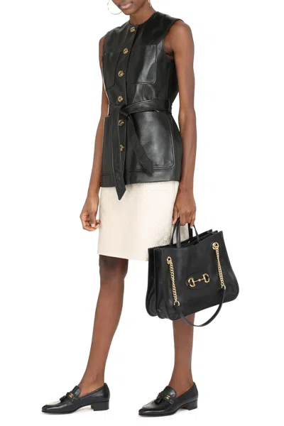 Shop Gucci Black Leather Long Vest With Gg Logo Buttons And Coordinated Waist Belt
