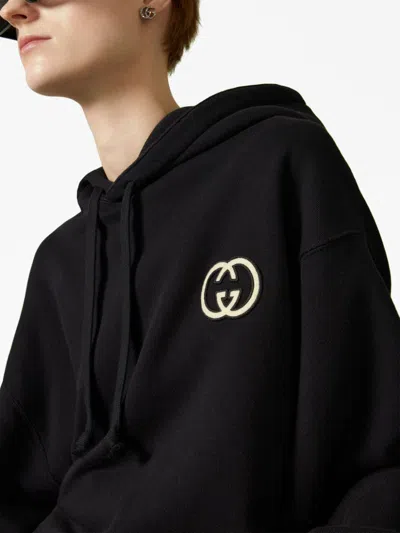 Shop Gucci Black Oversized Hoodie With Signature G-patch And Drawstring Hood