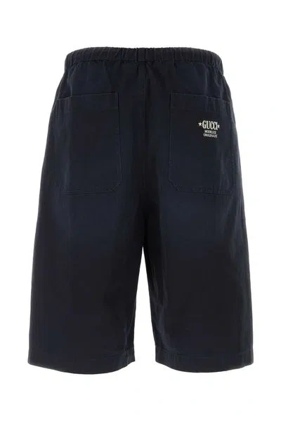 Shop Gucci Blue Cotton Drill Bermuda Shorts With Embroidered Design, Zip And Button Closure