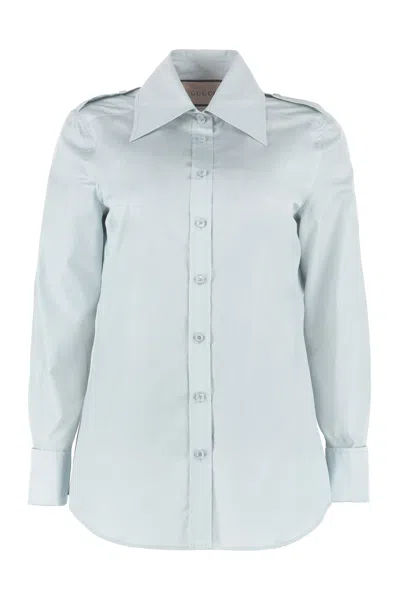 Shop Gucci Blue Cotton Poplin Shirt With Nacre Buttons And Epaulettes For Ss22 In Navy