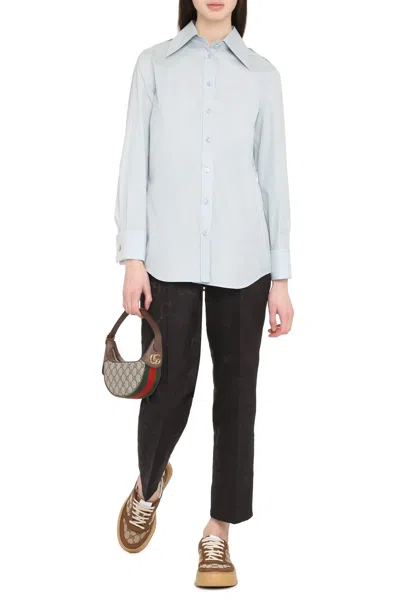 Shop Gucci Blue Cotton Poplin Shirt With Nacre Buttons And Epaulettes For Ss22 In Navy